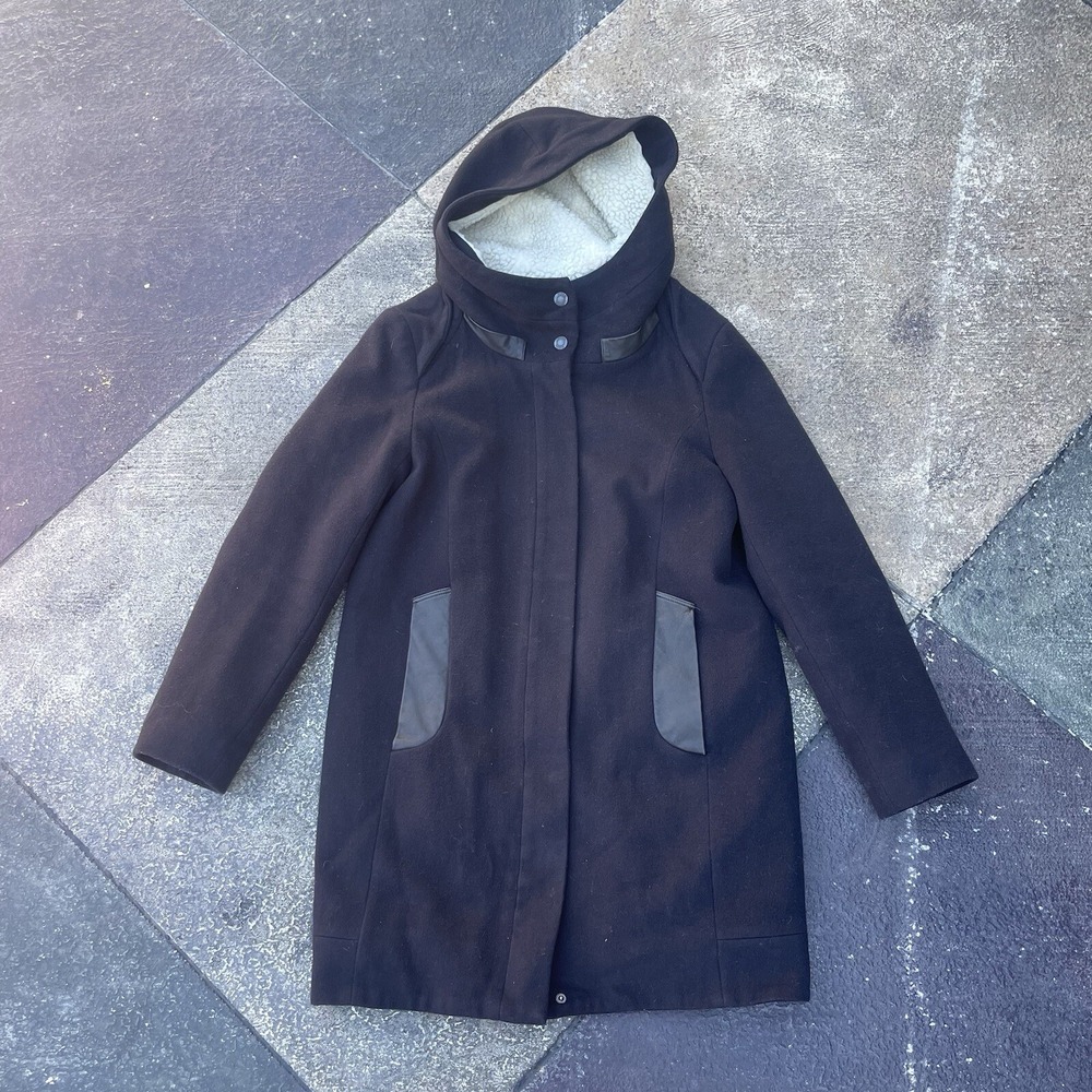 VINCE Black Virgin Wool/Lamb Winter Coat Zip Sherpa Hood Insulated‎ Women XS